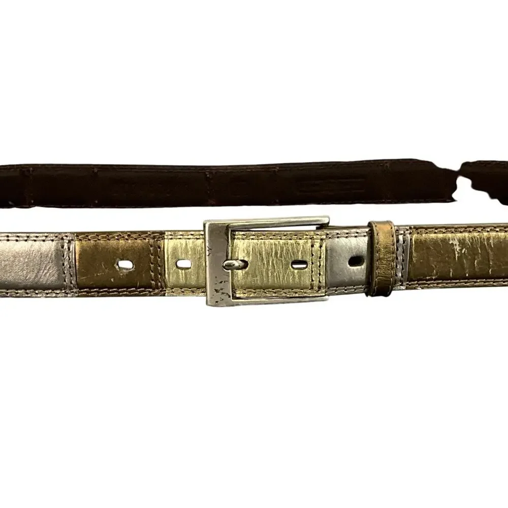 Fossil Genuine Leather Vintage 90s Gold Bronze Patchwork Belt Women 35.5” -39.5”